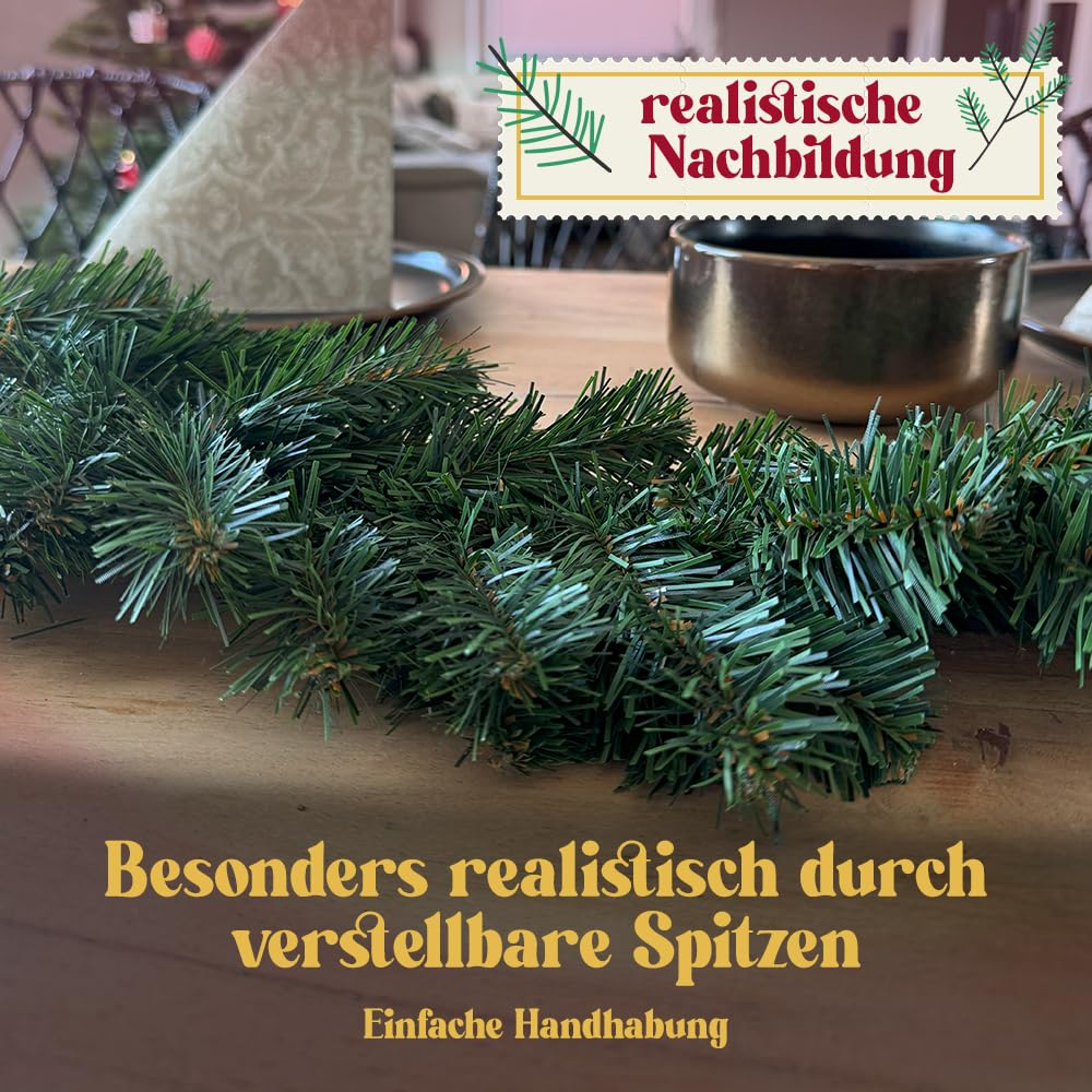 Weihnachtsgirlande künstlich 270 cm I Naturgetreue Nachbildung, Weihnachtsdekoration für Innen, Draußen + Eingangstür Halterung I ohne Deko (Grün, 270 cm)