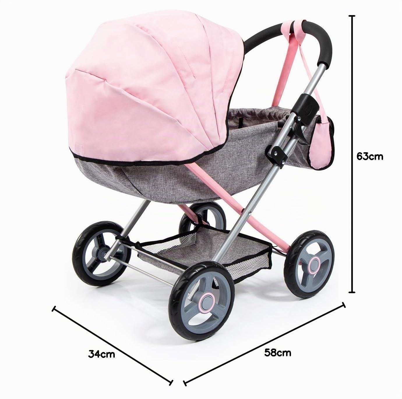 Bayer Design 12733AA Cochecito de muñecas Cosy, Carrito para muñecos, Plegable, Bolsa, Cesta integrada, Manta y Almohada