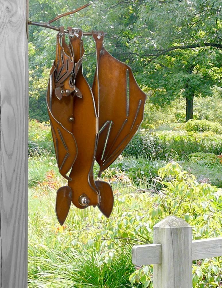 Mama and Baby Bat Rustic Hanging Metal Garden Sculpture, XL Size (Facing Left)