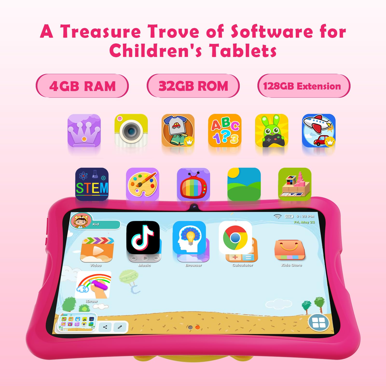 DigiLand Kids Tablet 10.1 inch,Android 15 Tablets,6GB RAM+32GB ROM (Expand to TF) Parental Control,Kids Software Pre-Installed,Dual Camera 2MP+5MP,Android Learning Tablet with Proof Case(Pink) - Image 4