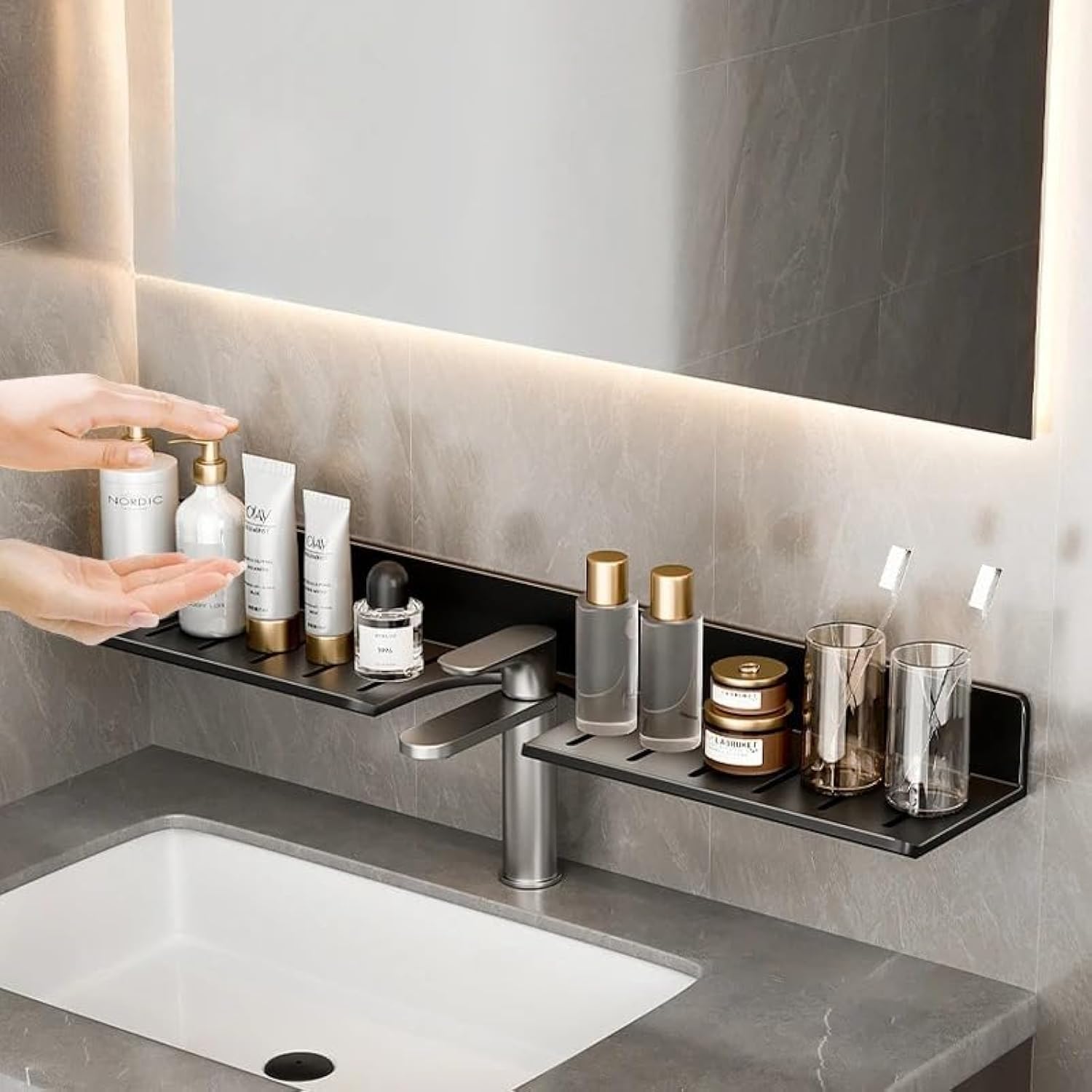 Bathroom Sink Shelf over Faucet, Wall-Mounted Bathroom Shelf Organizer, U-Shaped Recess Design Wall Mounted Bathroom Sink Shelf over Faucet for Bathroom, Kitchen, Toilet, Laundry (grey 40cm, style 2)