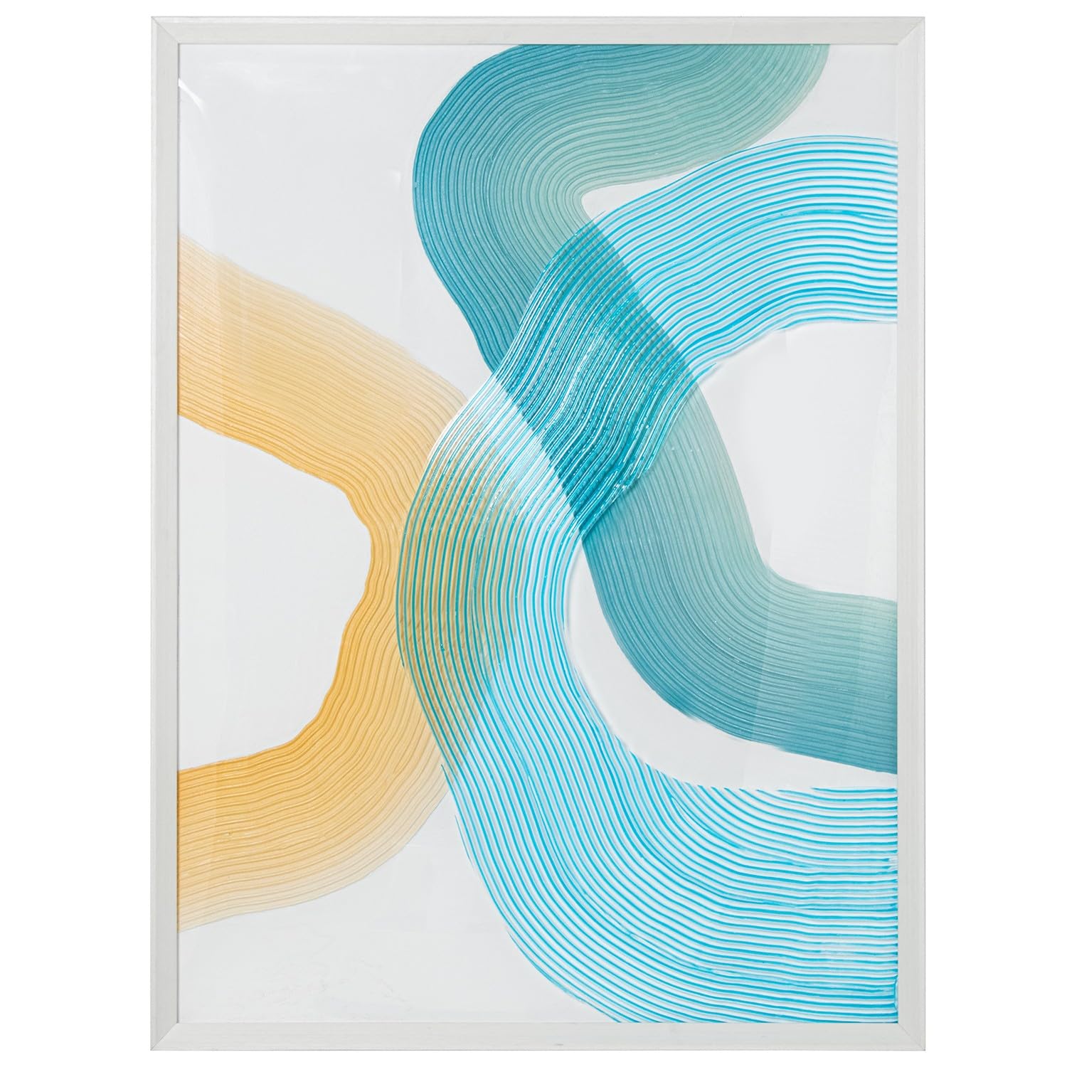 Tableau abstrait multicolore bleu jaune blanc grand format 90 x 120 cm encadré