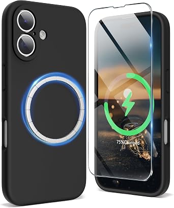 SURPHY Designed for iPhone 16 Case Compatible with MagSafe 6.1 inch 2024, with Screen Protector Liquid Silicone Phone Case Camera Protective, Soft Microfiber Lining, Black