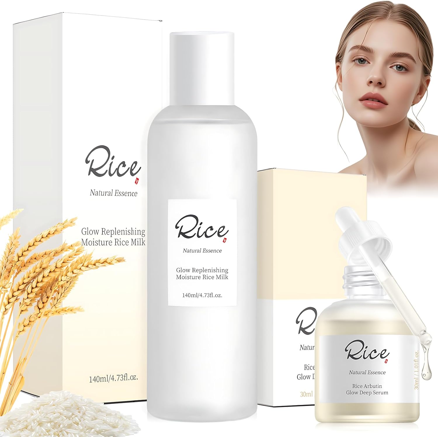 Rice Toner Korean + Rice Serum gezicht, Glow Replenishing RiceToner Skincare Set, hydrateert diep en verheldert de huid, geschikt voor de dagelijkse huidverzorging, 140 g + 30 ml