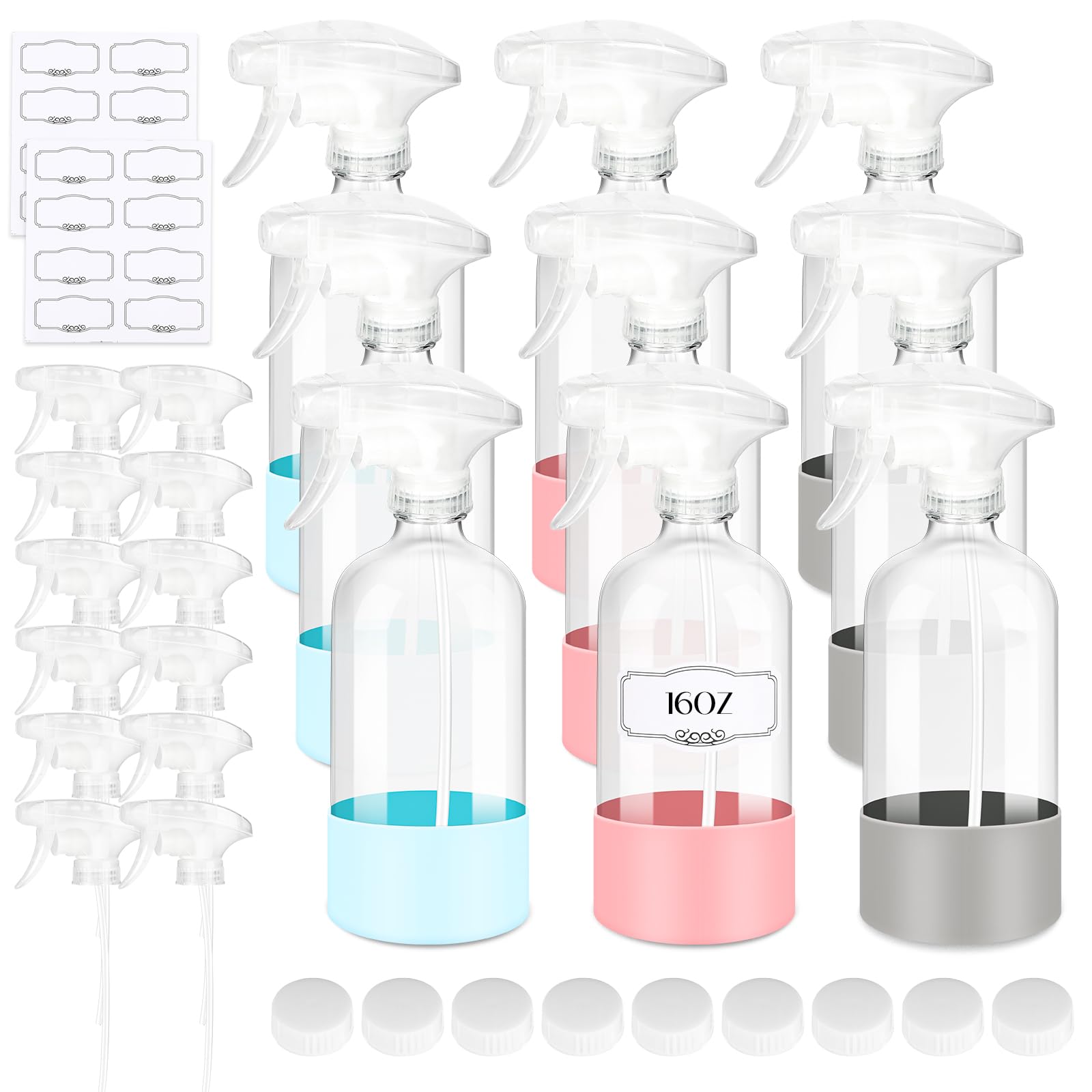 4 Pack/16 Oz Glass Spray Bottles, Refillable Empty Containers with Silicone Sleeve, Upgraded Adjustable Nozzle Spray Bottle Sets for Cleaning, Essential Oils, Hair