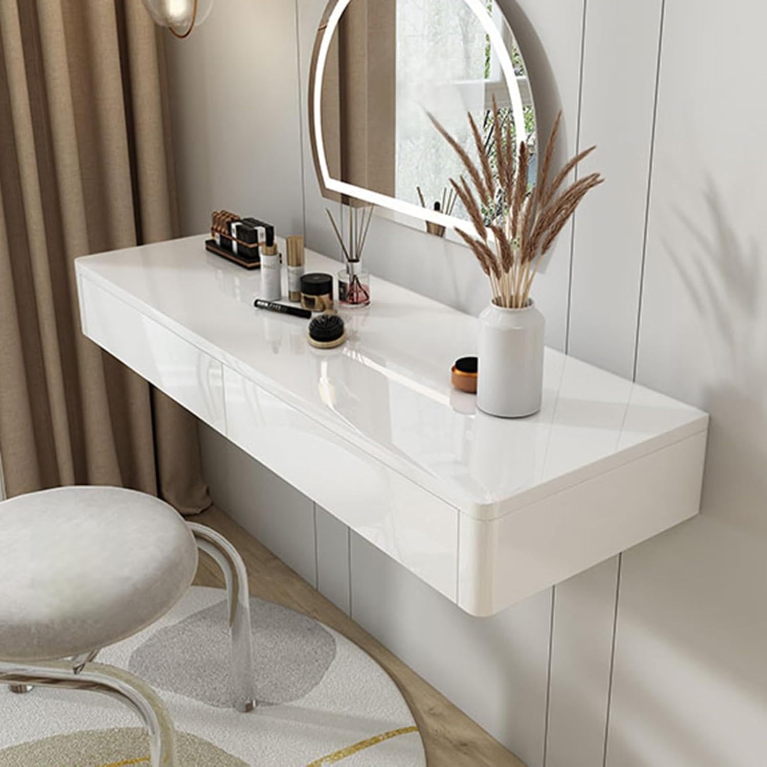 Wall-Mounted Floating Dressing Table with Drawers, Space-Saving Makeup Vanity Desk for Small Spaces, Bright White 60cm, Ideal for Bedroom, Study, or Living Room.