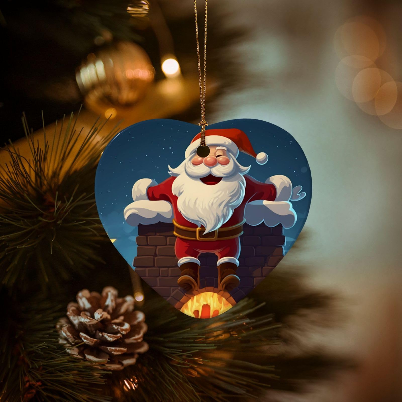 Christmas Tree Ornaments Ceramics Christmas Decorations Santa Into The Chimney Ornaments with Gold Ribbon Porcelain Xmas Tree Crafts Heart Shape Hanging Pendant for Christmas Tree Party Decor