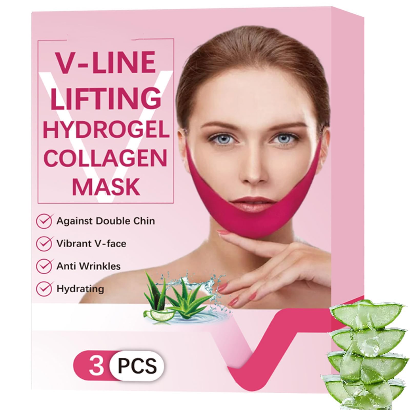 Azonee V Line Lifting Mask, Double Chin Hydrogel Collagen Mask With Aloe Vera & Seaweed, Chin Lift, Firming Skin, Anti-Wrinkle Face Masks, 3 Pieces
