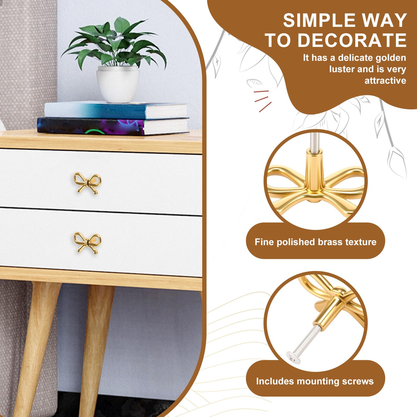 Tcwhniev 6 Pcs Bow Dresser Knobs, Gold Bow Drawer Pulls, Gold Brass Cabinet  Pulls with Screws, Decorative Cupboard Handles for Dresser Wardrobe Drawers  Cabinet Hardware Cupboard - Amazon.com