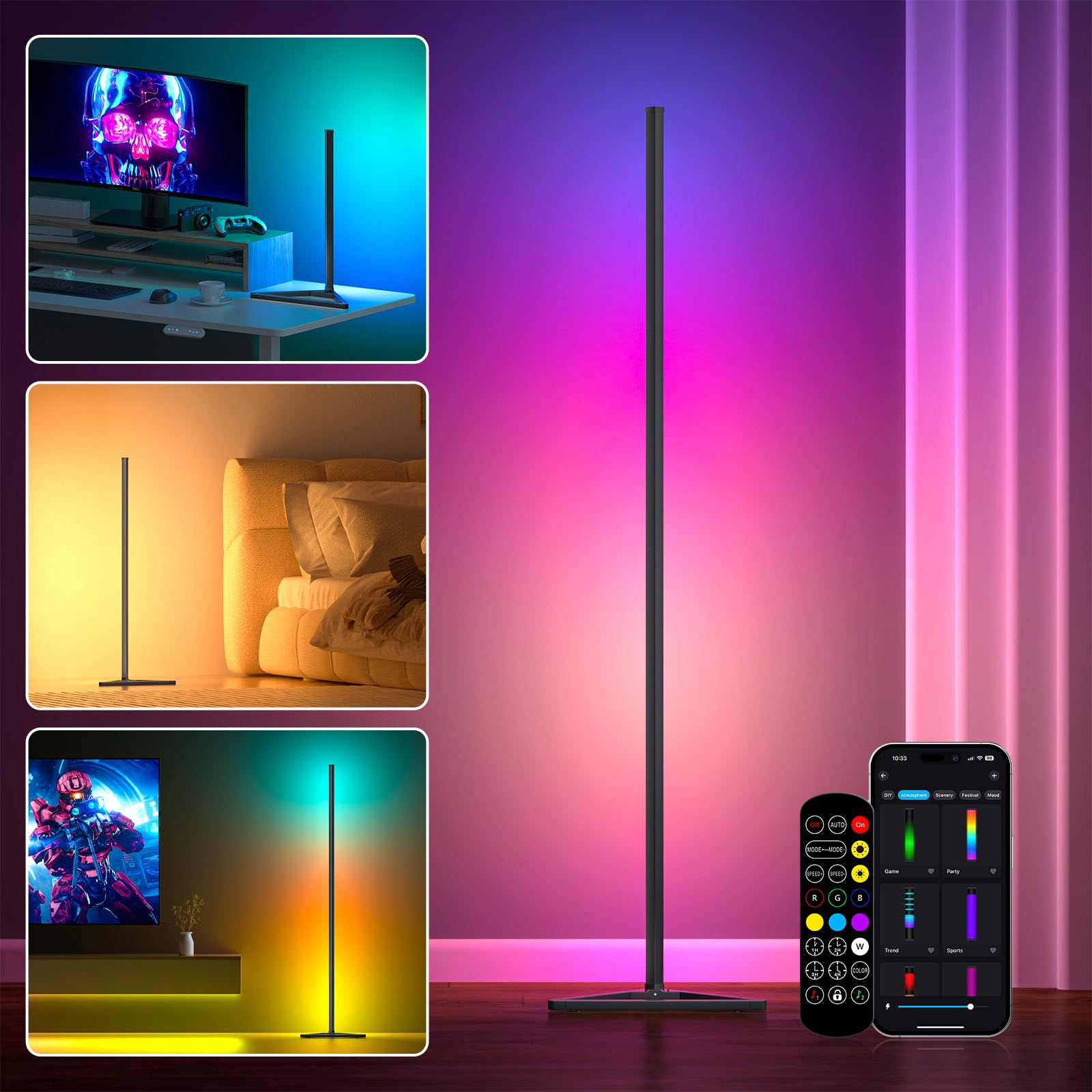 LED Stehlampe Wohnzimmer, 140cm Ecklampe RGB Dimmbar mit Fernbedienung und APP, 16 Millionen Farben, Musikmodi, DIY-Modus & Timing -Funktion für Schlafzimmer, Spielzimmer, Büro, Lesesaal