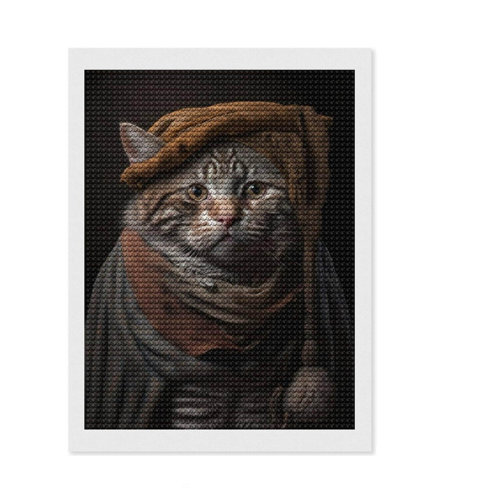 Junmoney Rembrandt Cat Diamond Painting Kit 12"x16", Full Kit Included, Calming Craft to Unwind, Office Decor, Gift Idea, Easy to Enjoy