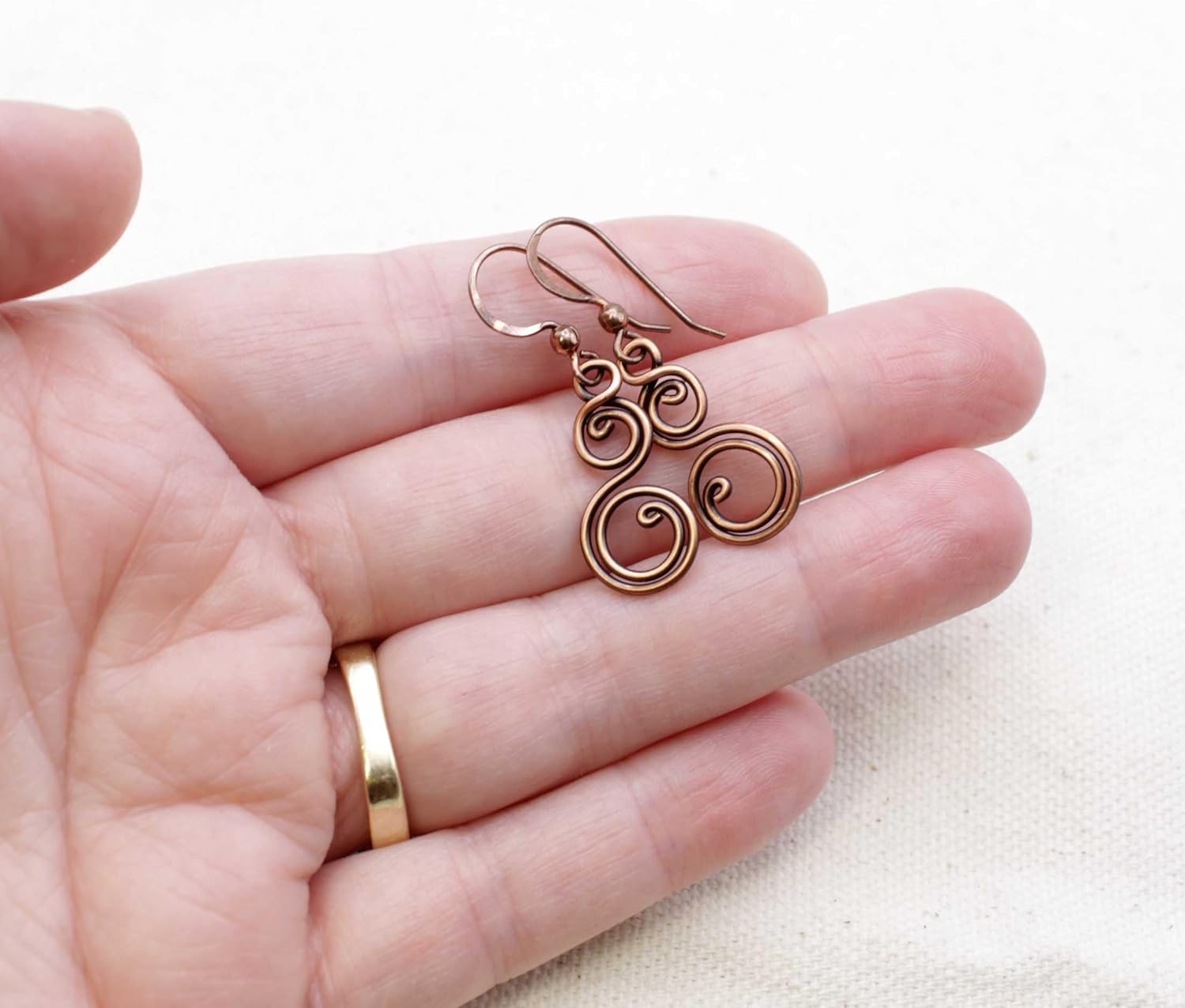 Pillar of Salt Studio Handcrafted Solid Copper Earrings Small Double Spiral (Antiqued Copper, Small 3/4" drop) - Image 5