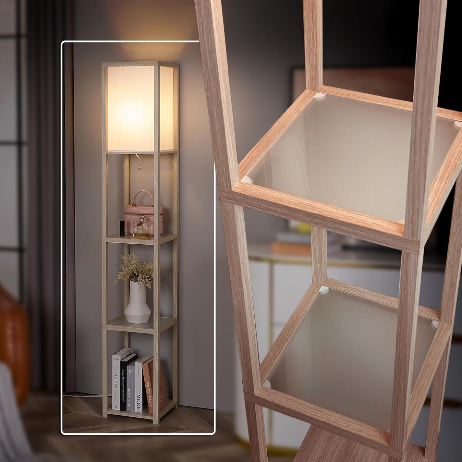 FENLO Floor Lamp with Shelves – Tall Standing Lamp with Tempered Glass Tiers – Modern Minimalist Floor Lamp for Bedroom, Living Room, or Corner Fina