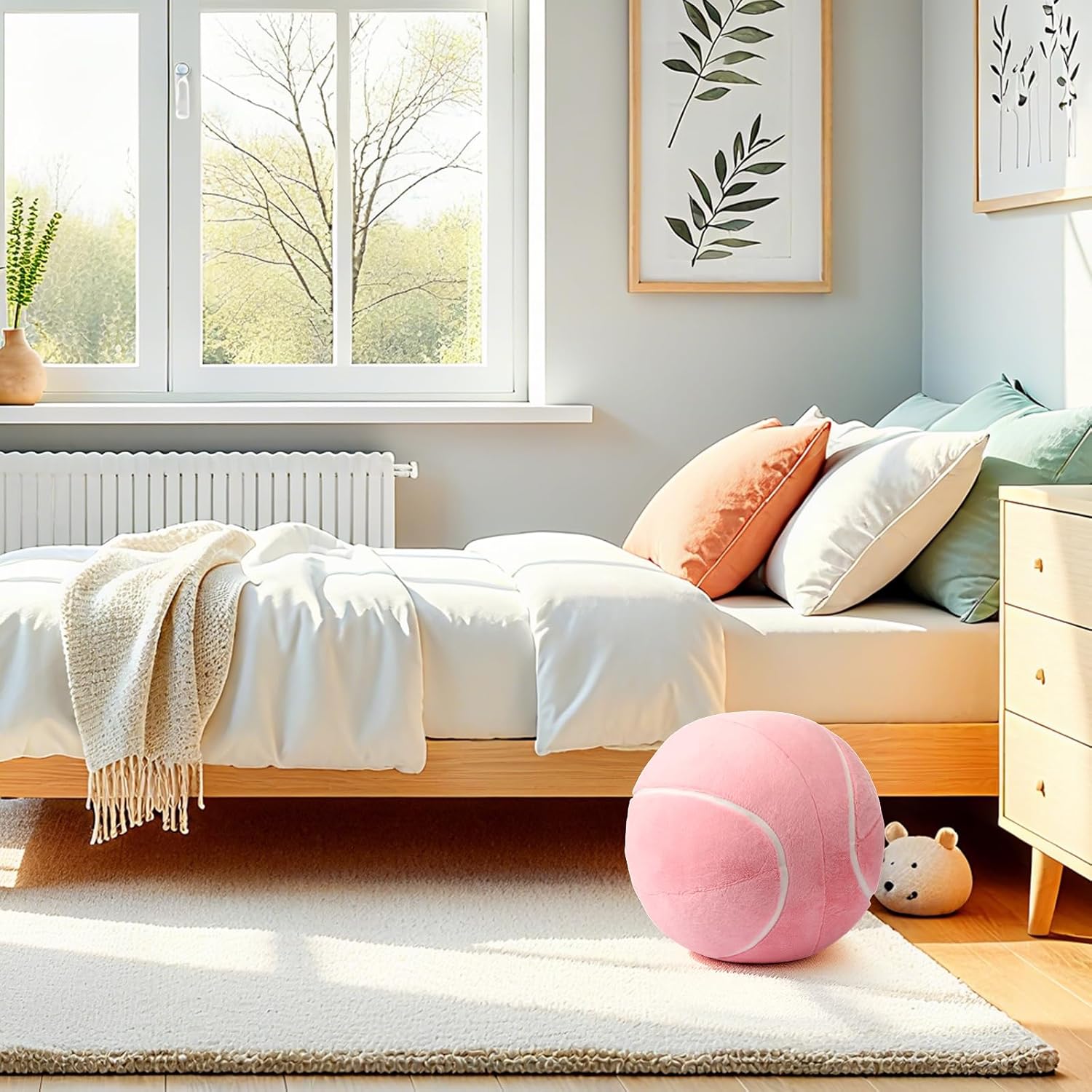 Leinuosen Tennis Ball Tennis Pillow Soft 10.8 Inch Round Sports Pillow, Fluffy Tennisball Throw Sport Theme Home Decor for Couch, Sofa, Bedroom, Bed Couch Chair(Pink)