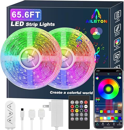 Tira de luces LED de 65.6 pies/20 m, largas, sincronización de música inteligente, RGB 5050, cambia de color, con conexión Bluetooth, por