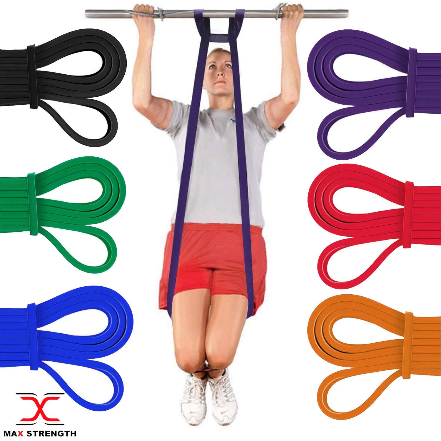 MAXSTRENGTH Taśma oporowa wspomagana do podciągania – taśmy treningowe do crossfitu – trójboju siłowego – joga – elastyczna mobilność dla kobiet i mężczyzn (kompletny zestaw (6 sztuk)