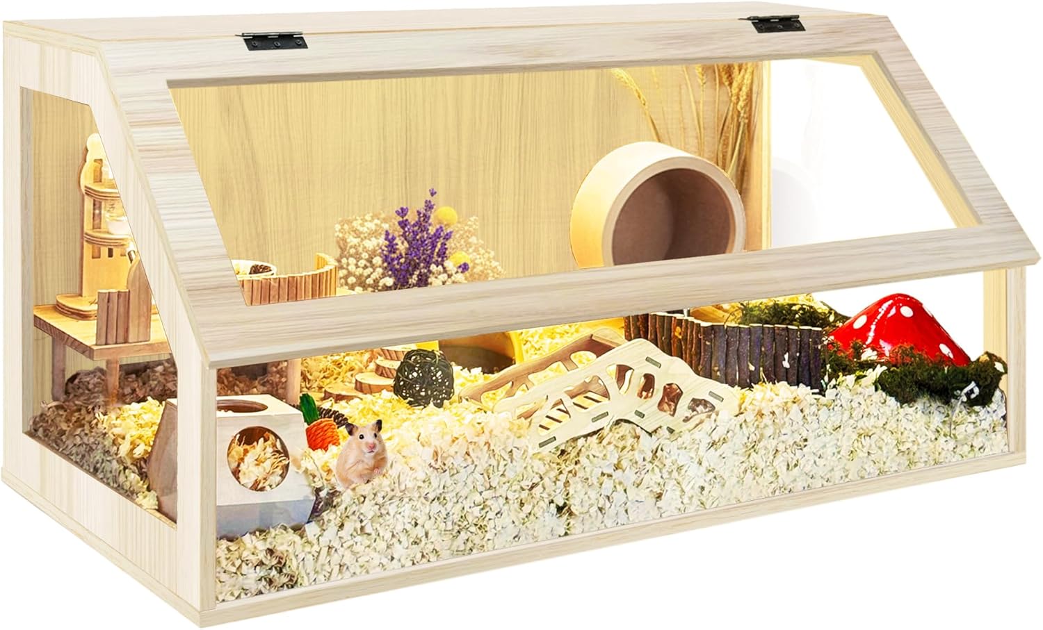 PROLEE Hamster Cage Chewproof, Sloped Mice and Rat Habitat with Clear View, Solid Built with Lockable Design and Openable Top (Walnut)
