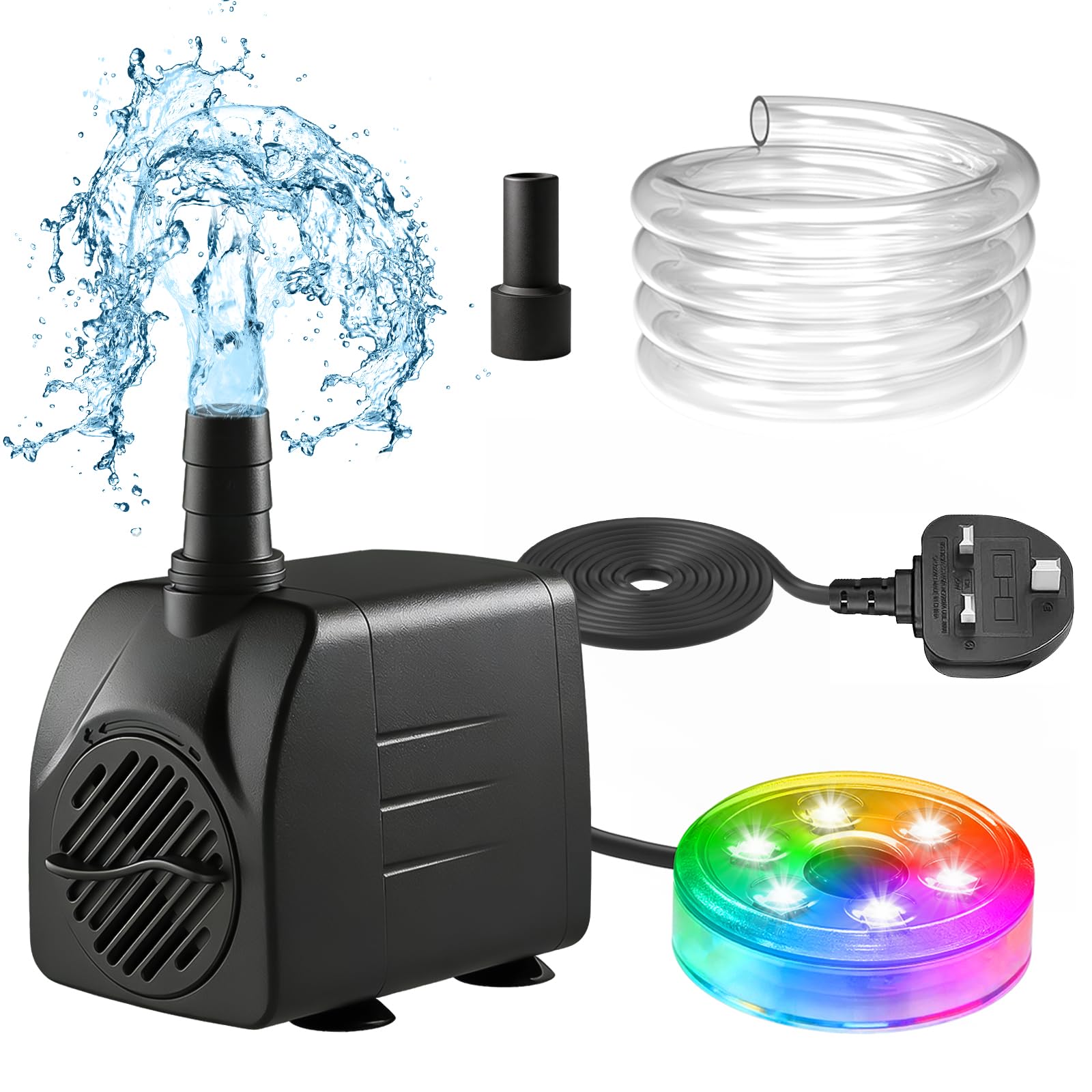 T-SUNUS 210GPH RGB Submersible Water Pump, 15W Ultra Quiet Small Fountain Pump with LED Lights and 3.28 ft Tubing, 2 Nozzles for Outdoor Pond, Rockeries, Fish Tanks, Water Circulation Systems