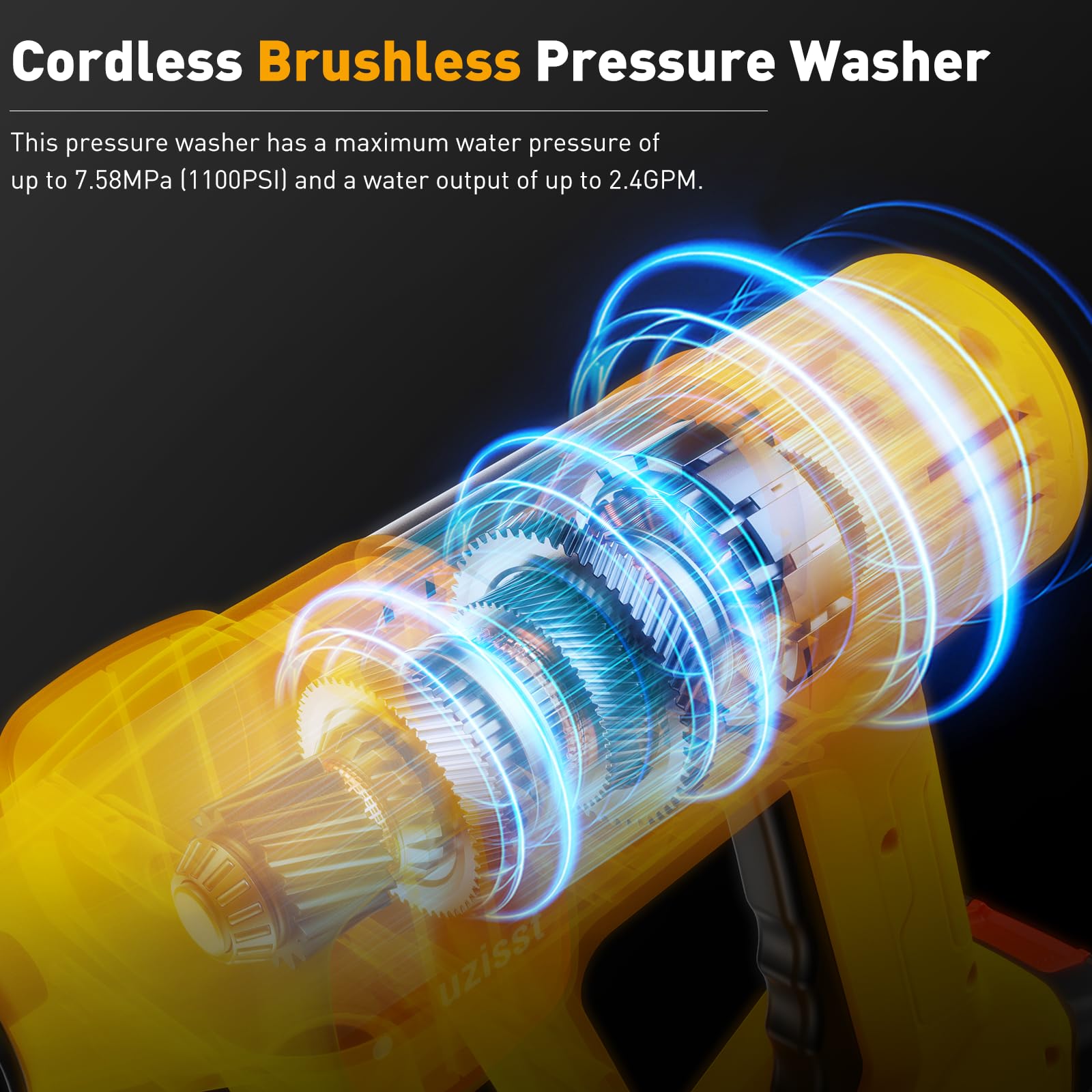 Condition photo showing New/Like New for cordless car washer, portable cleaning tool with 6-in-1 nozzle, 10-speed adjustment, battery level display, self-priming system for car, garden, patio & floor cleaning