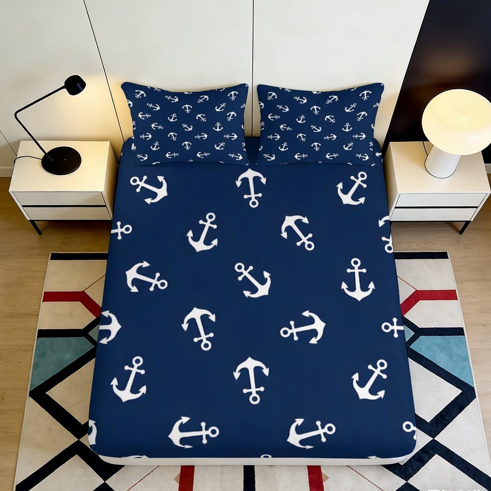 3D Printed Anchor Pattern Fitted Sheet Microfiber Soft Durable Nautical Mattress Cover for Bedroom Dormitory Guest Room Protector Decor 180x200x25cm