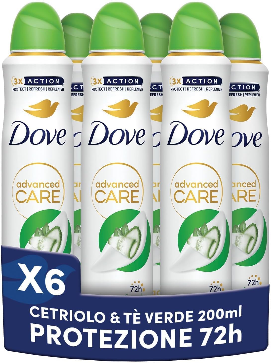 Dove Advanced Care Go Fresh Gurken-Deo-Spray, feuchtigkeitsspendende und zarte Formel, trockene Haut bis zu 72 Stunden, Deodorant für Damen und Herren, 6 Stück à 200 ml