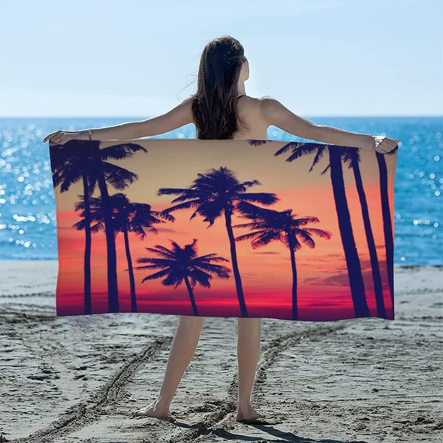Serviette de Plage 200x200 Femme Homme Enfant, Drap de Plage XXL Serviette Plage Anti Sable à Séchage Rapide Grande Serviette Plage Cocotier, pour Bain, Piscine, Camping Plantes Tropicales B341