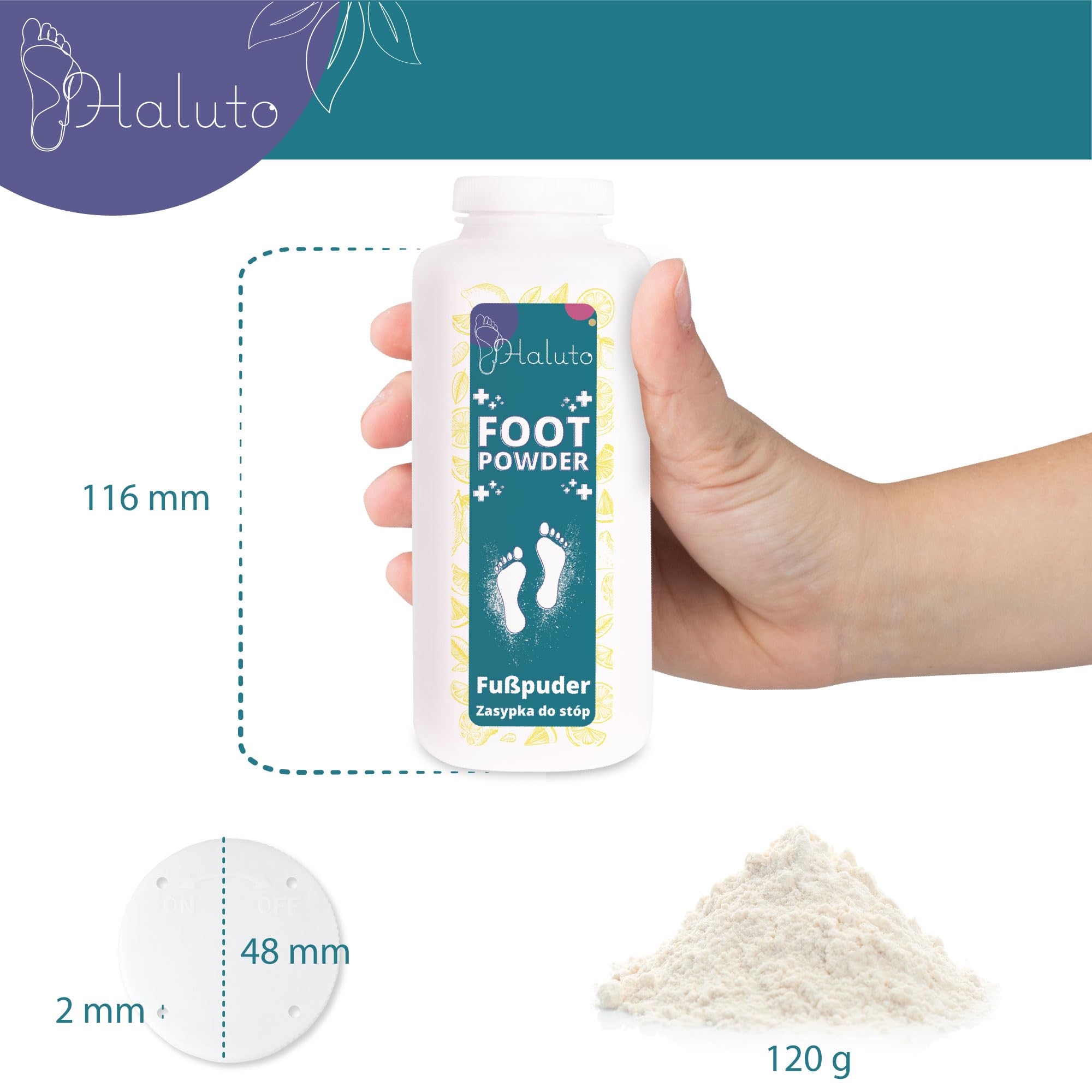 HALUTO Antibatterico Polvere Piedi - Talco Profumato - Elimina l'odore di Scarpe e Piedi - Naturale - Assorbono l'umidità - per Scarpe Sportive, da Lavoro e da Ginnastica