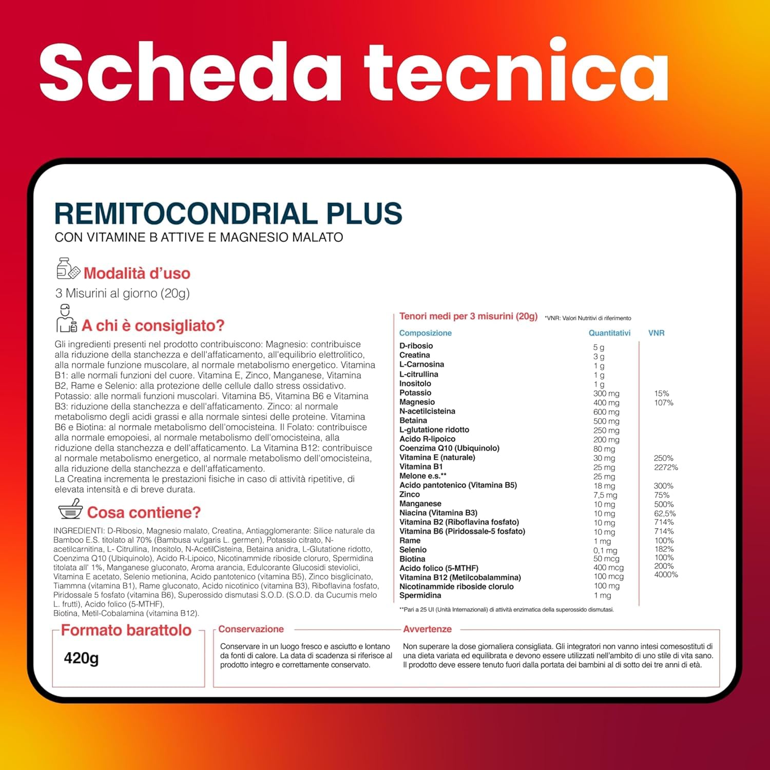 OVF Remitocondrial 420 g, Contiene 28 Principi Attivi in Sinergia per Energia mitocondriale, Contrasta Stress Ossidativo, vitamine del gruppo B, Ubiquinolo, Acido R Alfa Lipoico, Spermidina e NAC
