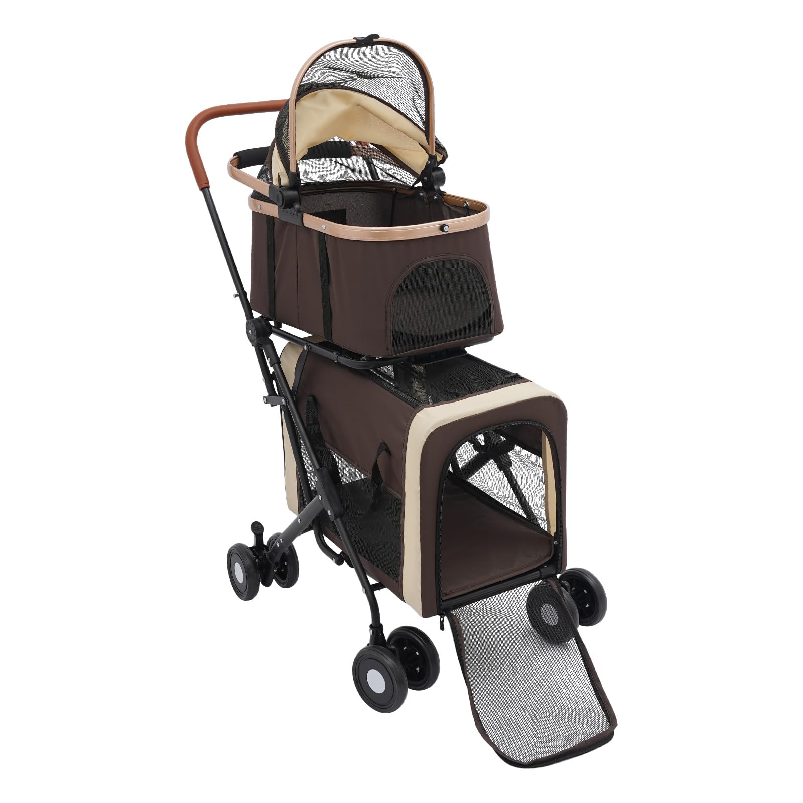 Carrito para Perros de 2 Niveles, Plegable, 35 kg, 2 Transportines Café