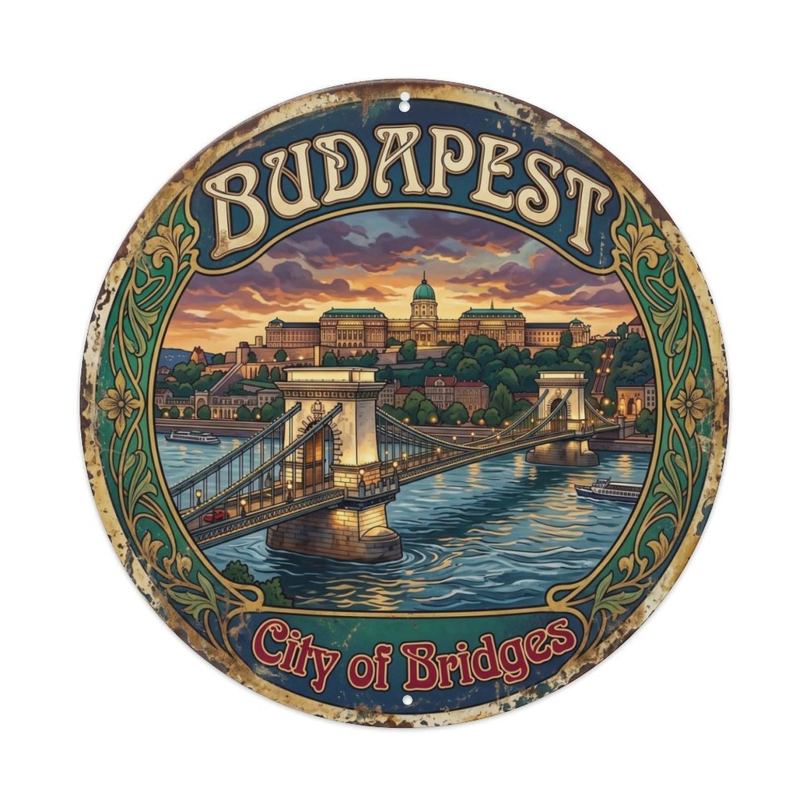 Vintage Travel Budapest Bridge Hungary Metal Tin Sign Plaque Wall Decor for Cafe, Club Bar, Office, Home Garden Round Metal Poster 8x8Inch