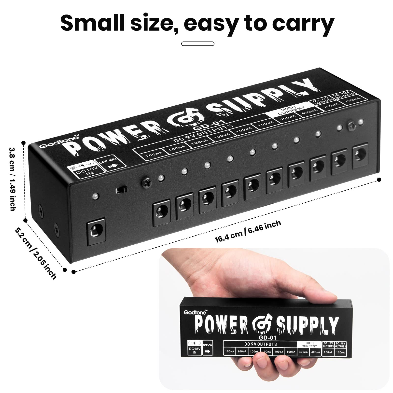 GD-01 Fuente de alimentación de pedal de guitarra, 10 salidas de CC aisladas para 9V/12V/18V100mA 400mA Pedal de efecto con protección contra cortocircuitos y protección contra sobrecorriente