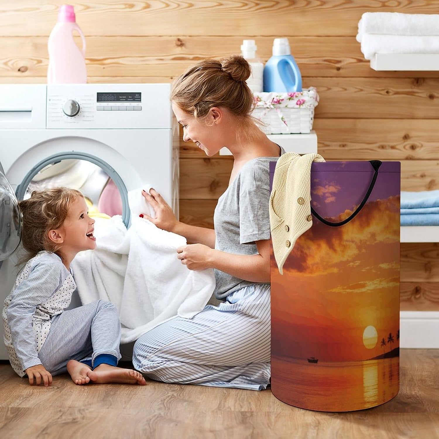 Boat Returning Under Coconut Trees Laundry Hamper 86L Waterproof Collapsible Clothes Basket with Double Handles Freestanding Foldable Laundry Basket Large Clothes Hamper for Bathroom