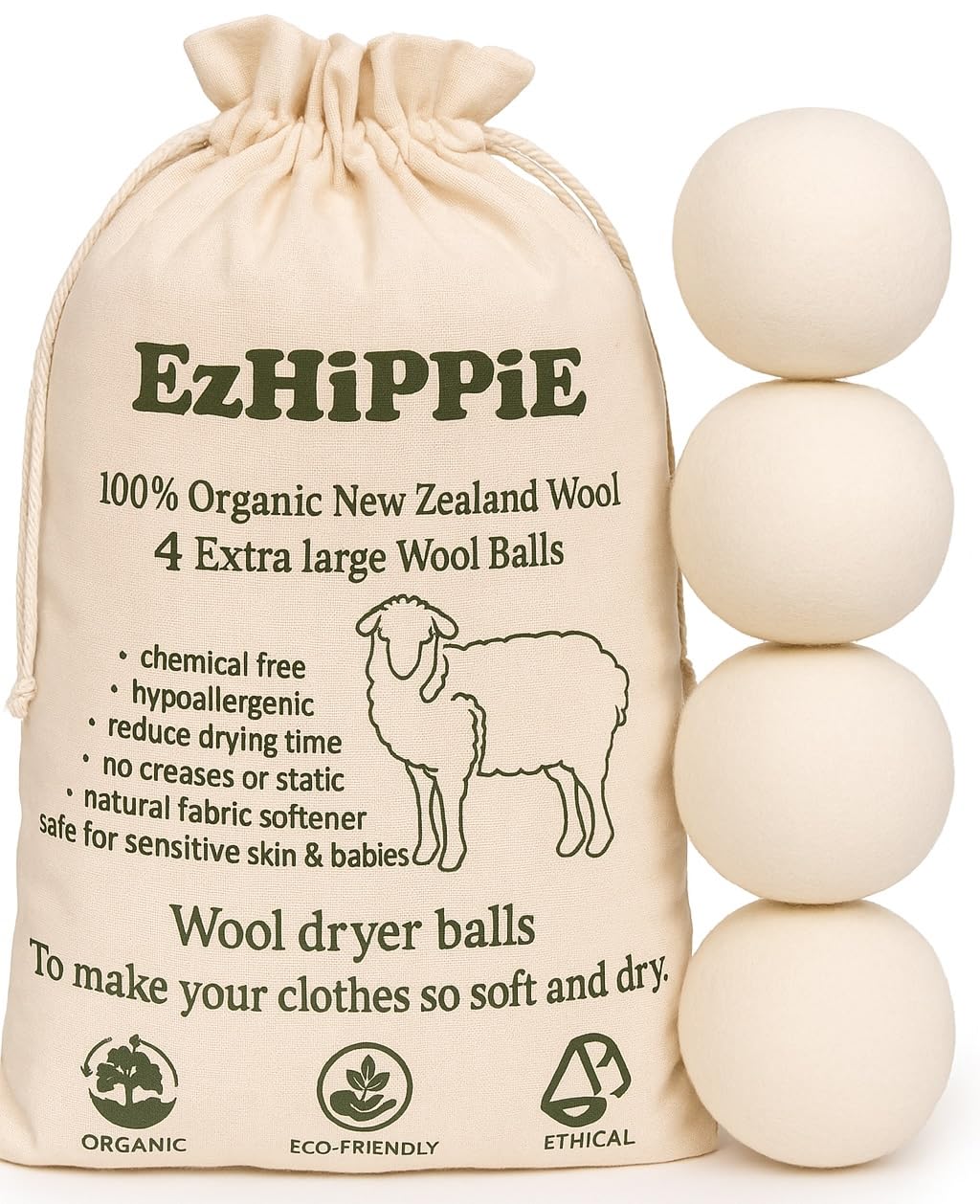 Ezhippie Quality Wool Dryer Balls - 4 XL Pack - 1000+ Loads - Pure Organic Wool - Reusable Natural Fabric Softener Perfect with Essential Oils, Reduce Clothing Static and Wrinkles