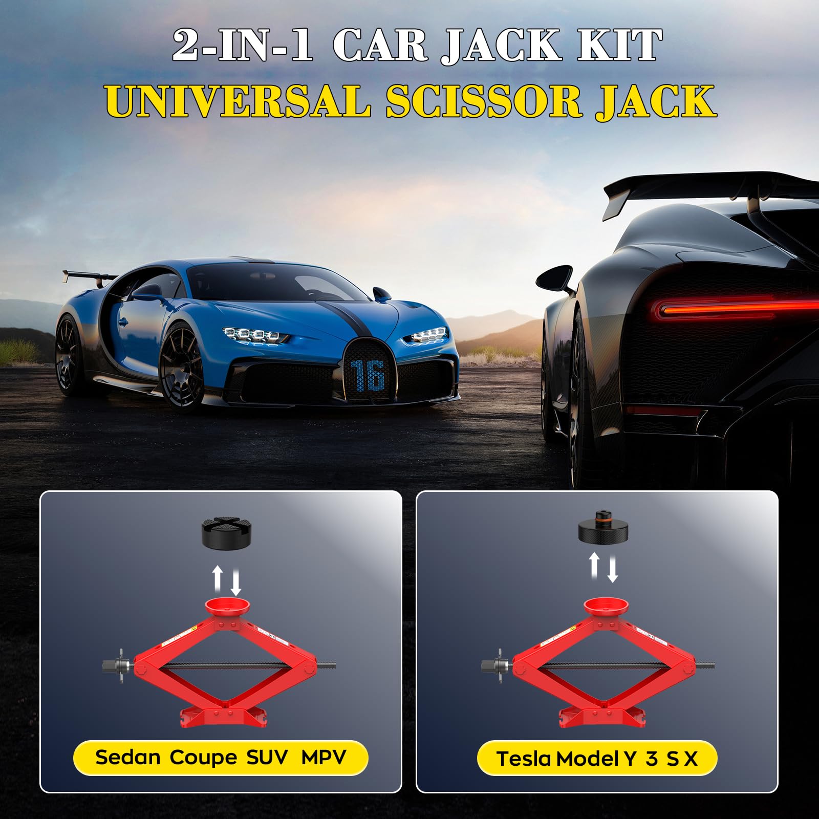 IMAYCC Nuevo Gato para Coche 2.5T/2500kg, Kit de Gato Coche Universal con 2 Piezas Bloque de Goma, Portátil Kit de Emergencia con Llave de Tuercas de Rueda para SUV MPV Tesla