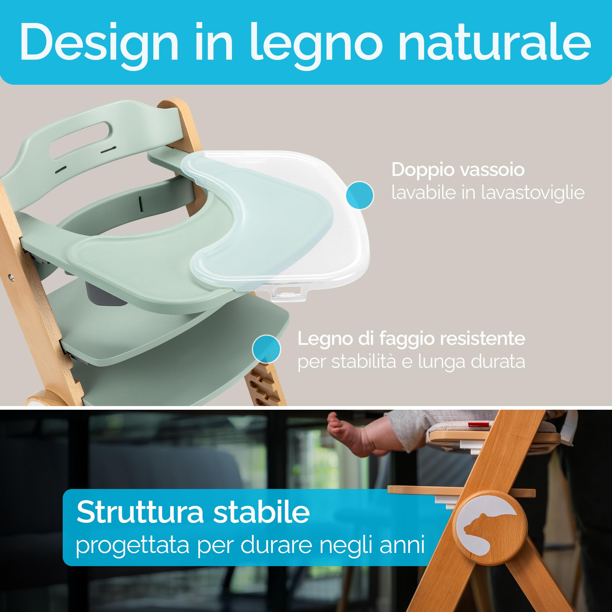 Drömmer Unique Seggiolone Pappa Evolutivo Pieghevole con Vassoio Doppio Rimovibile Seduta e Poggiapiedi Regolabili Cintura a 5 Punti Cuscino Sfoderabile Salvaspazio per Bambini Verde