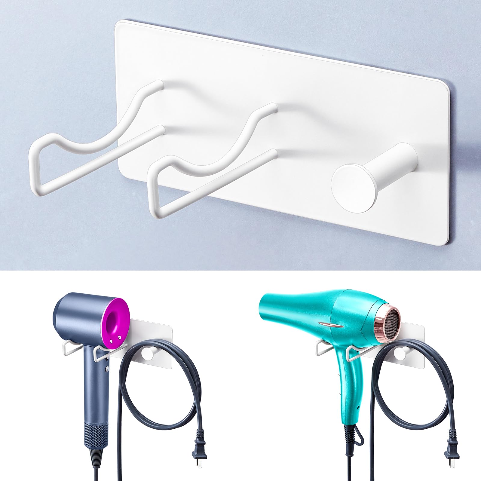 Hair Dryer Holder Wall Mounted, Universal Blow Dryer Holder, Hairdryer Storage Hanger with Plug&amp;Cord Hook, Adhesive Hair Tool Organizer for Bathroom, White