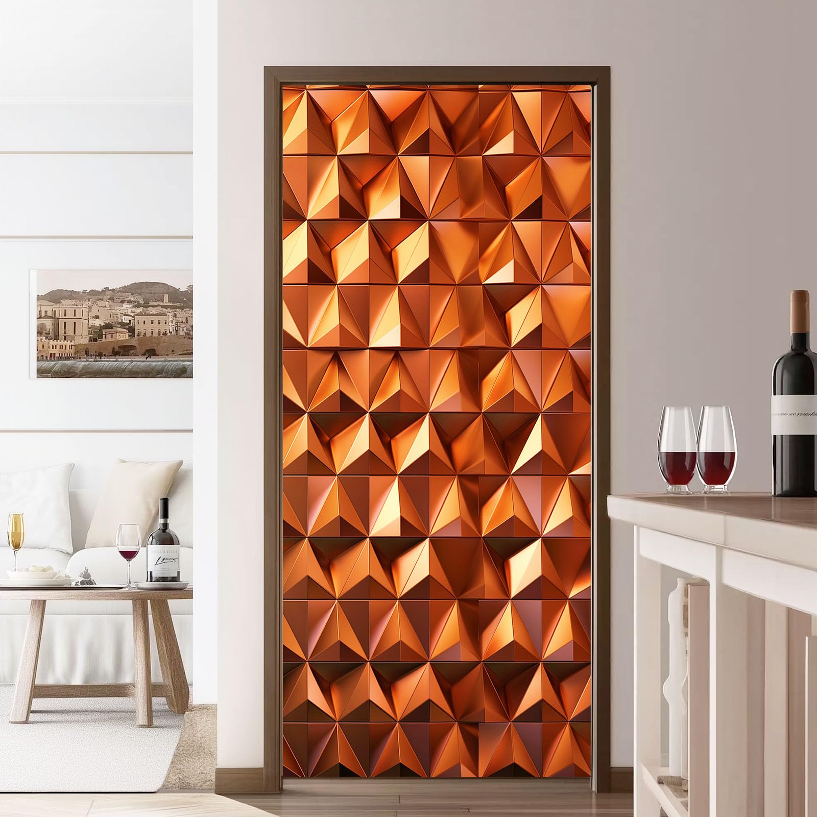 Proste geometryczne fototapety 3D na drzwi, samoprzylepne, metaliczne trójkąty 3D, sztuka, usuwalne murale, naklejki na drzwi, czerwono-brązowe naklejki z PCW do sypialni, łazienki, biura, 95 x 215 cm