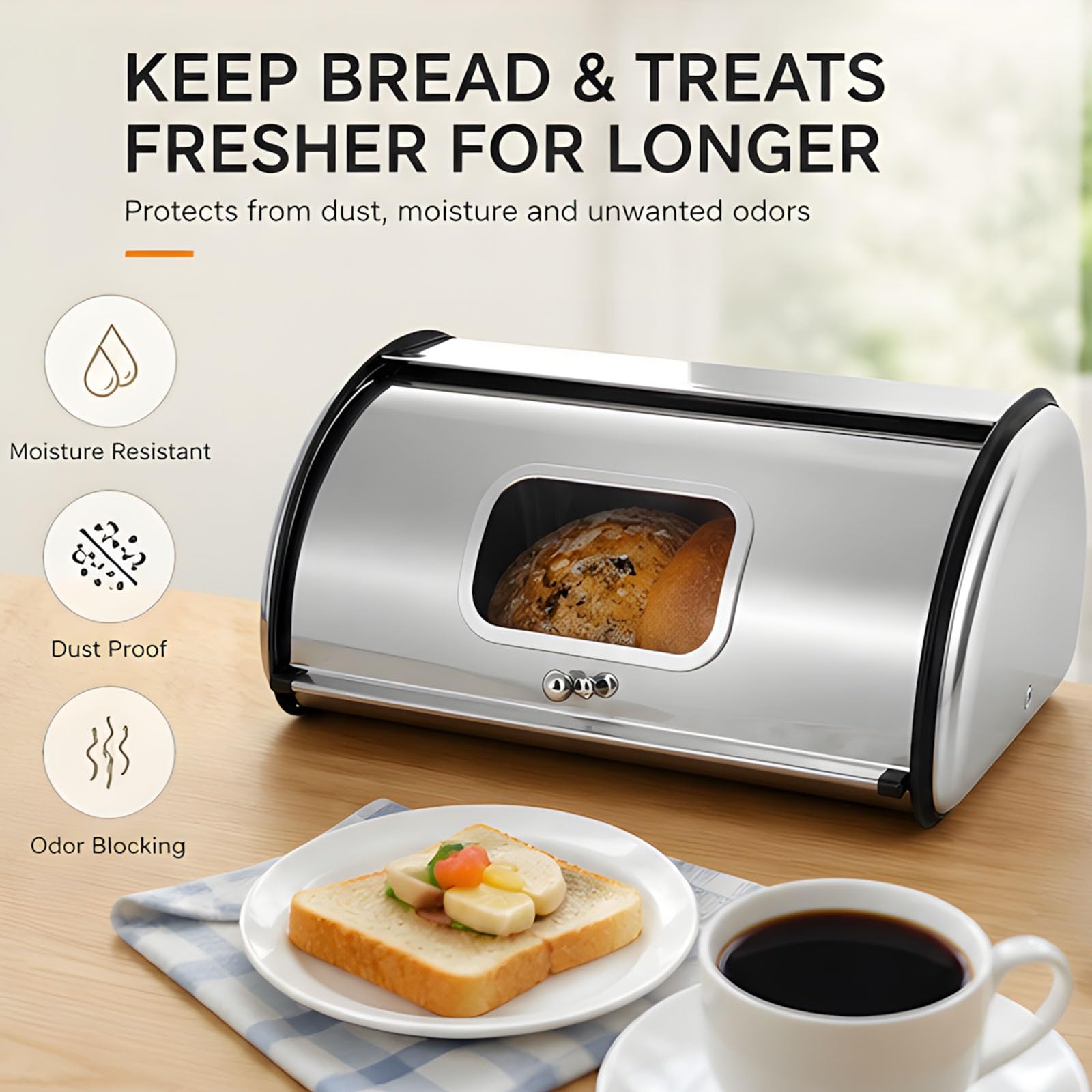 PANGBOER Contenedor de almacenamiento de pan con ventana de visualización, diseño enrollable de acero inoxidable, organizador de mostrador ventilado, soporte para repostería de cocina, recipiente