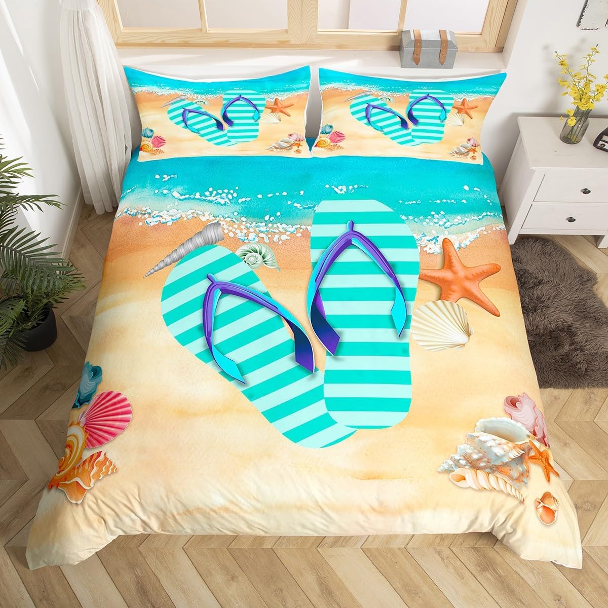 Stripes Flip Flop Duvet Cover Queen Size,Starfish Shell Comforter Cover with 2 Pillowcase for Teens,Kids Summer Cool Bedding Set,Ocean Beach Breathable 3 Pcs Decorative Bed Cover(No Comforter)