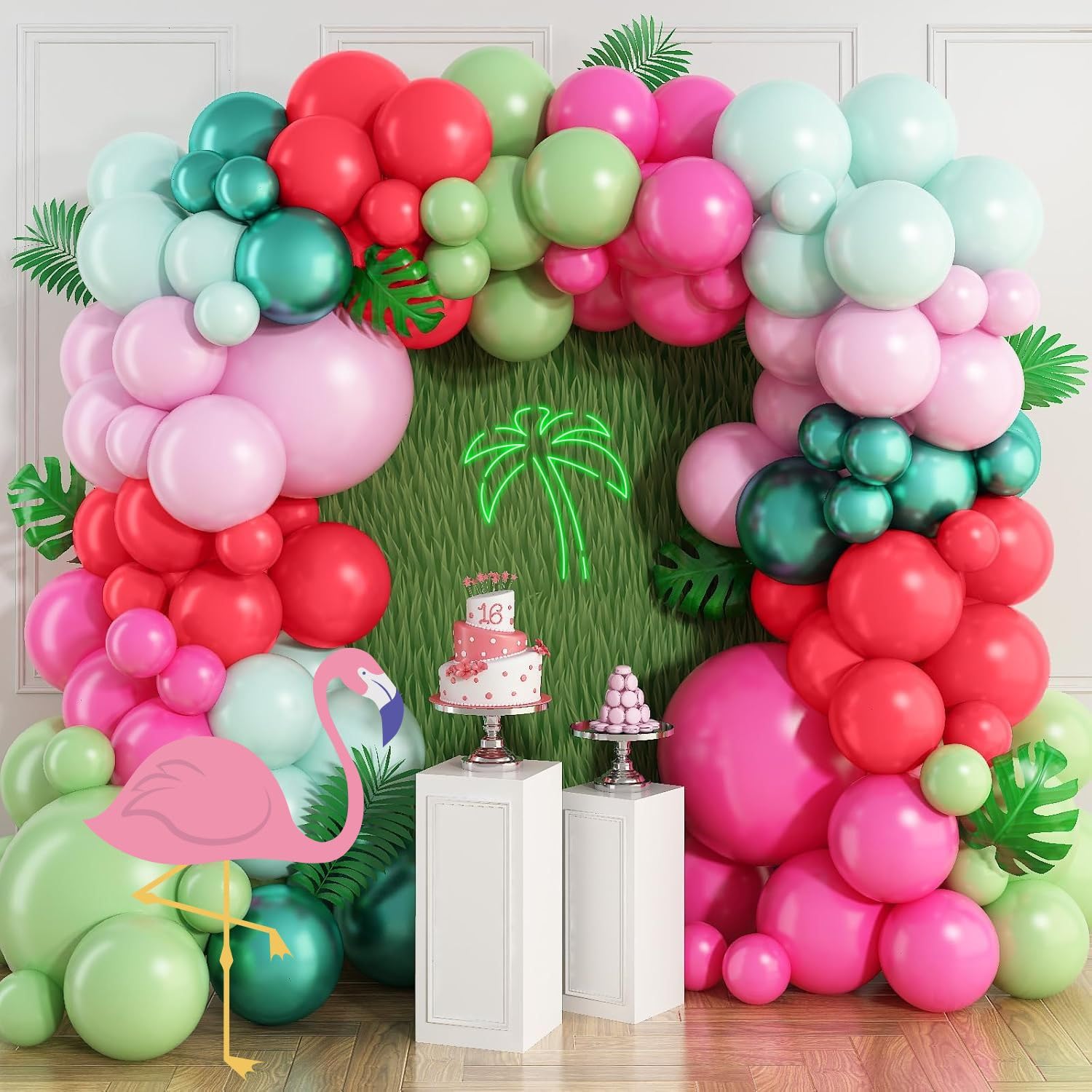 Pink Flamingo Balloons Garland Arch Kit Tropical Balloons with Olive Green Pastel Pink Red Chrome Green Hot Pink Latex Balloon for Summer Beach Hawaii