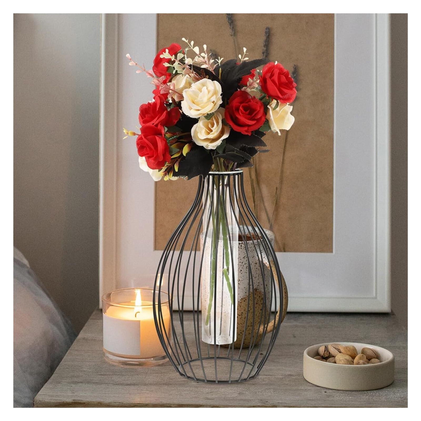 Vases à Fleurs Station de Propagation en Verre avec Cadre d'art Fer et Vase Tube à essai, présentoir Fleurs Table Décoration de Bureau