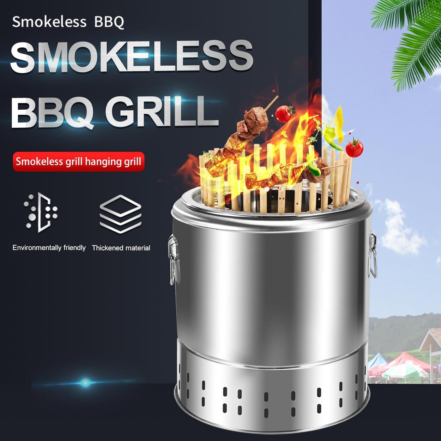 Przenośny grill wędzarniczy, konstrukcja beczki ze stali nierdzewnej, palenie 360°, bezdymny grill na kemping na świeżym powietrzu