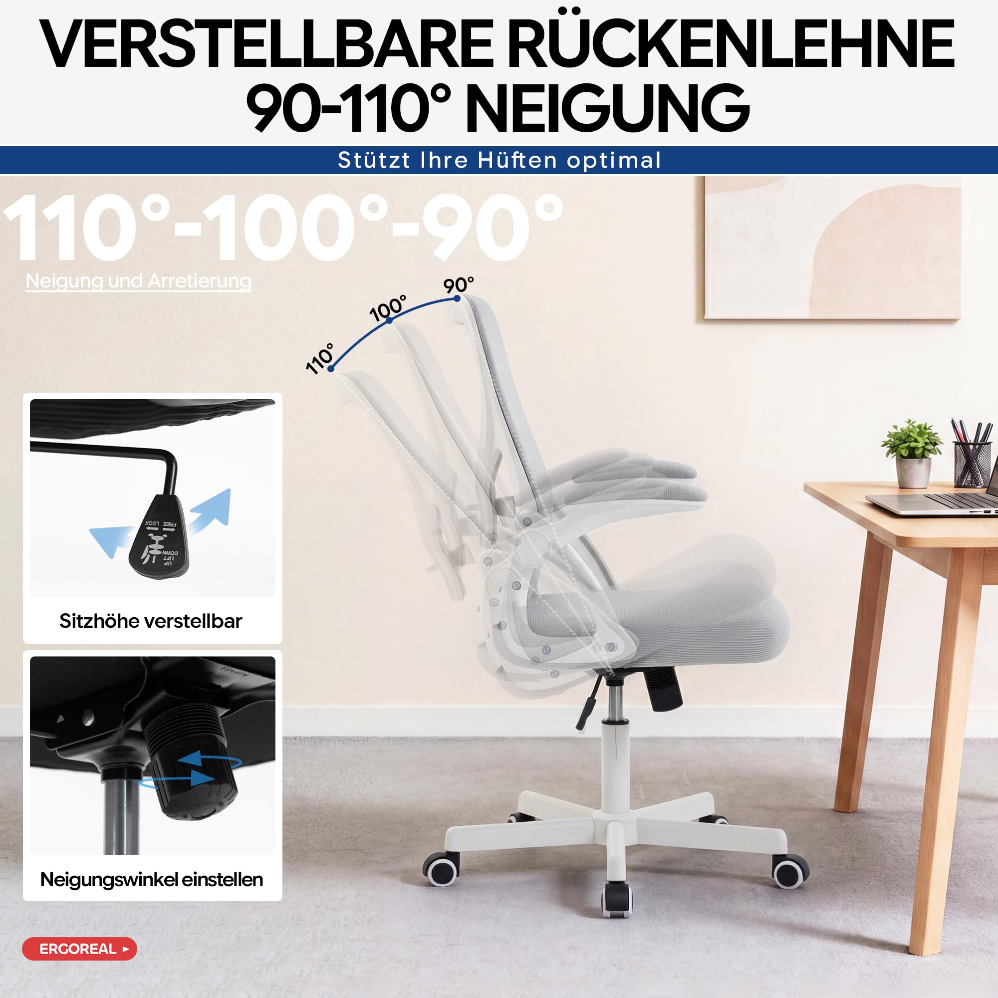 Bürostuhl ergonomisch – Schreibtischstuhl Netz, Lendenstütze 150kg | Klappbare Armlehnen, verstellbare Lendenstütze, 90-110° Rückenlehne, höhenverstellbar, leise Rollen, Homeoffice & Büro