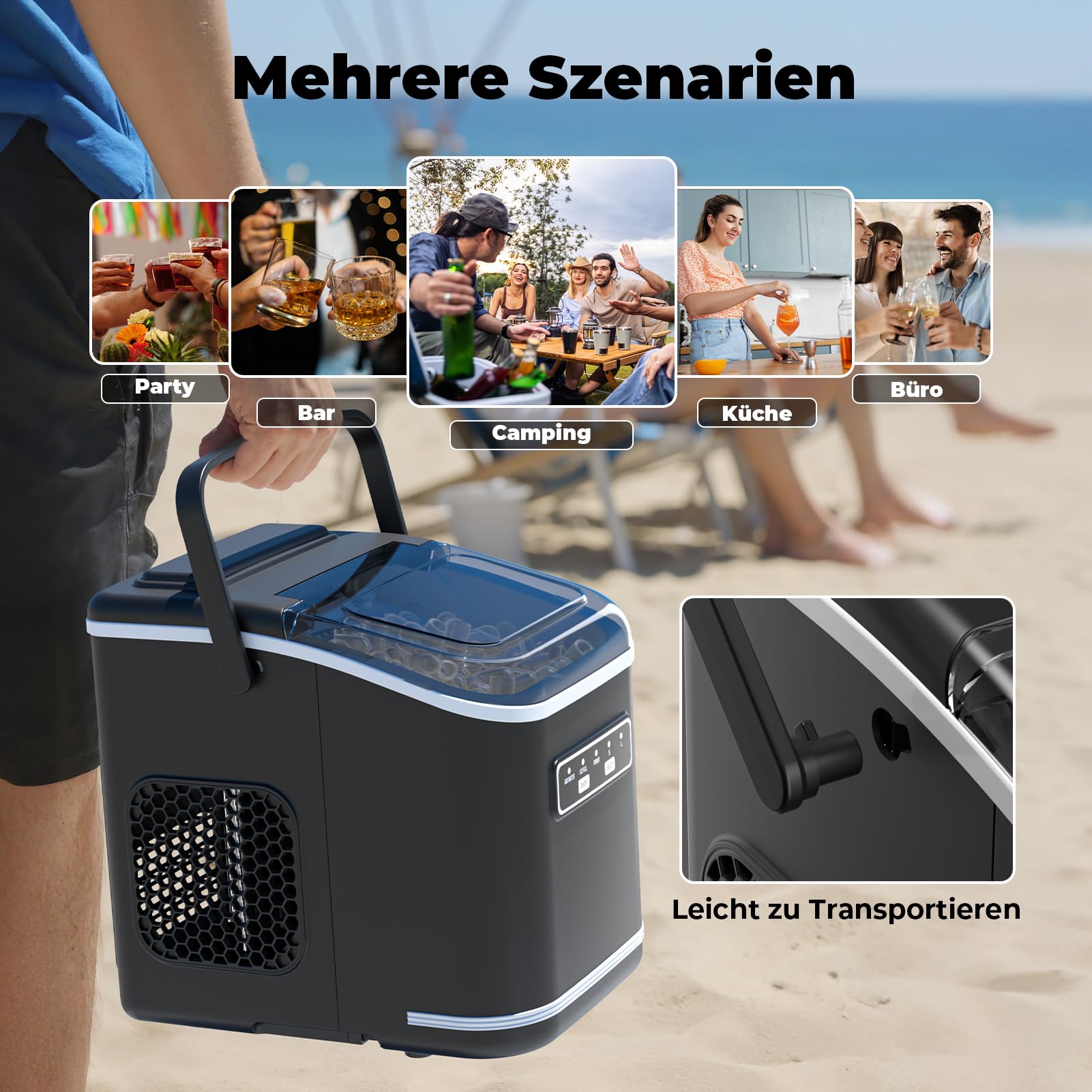 Eiswürfelmaschine, Acmeenjoy Eiswürfelbereiter Ice Maker 9 Eiswürfel in 6-8 Minuten, 12 KG in 24 H, Selbstreinigende Eiswürfelmaschine Kleine für Küche, Büro, Bar und Party