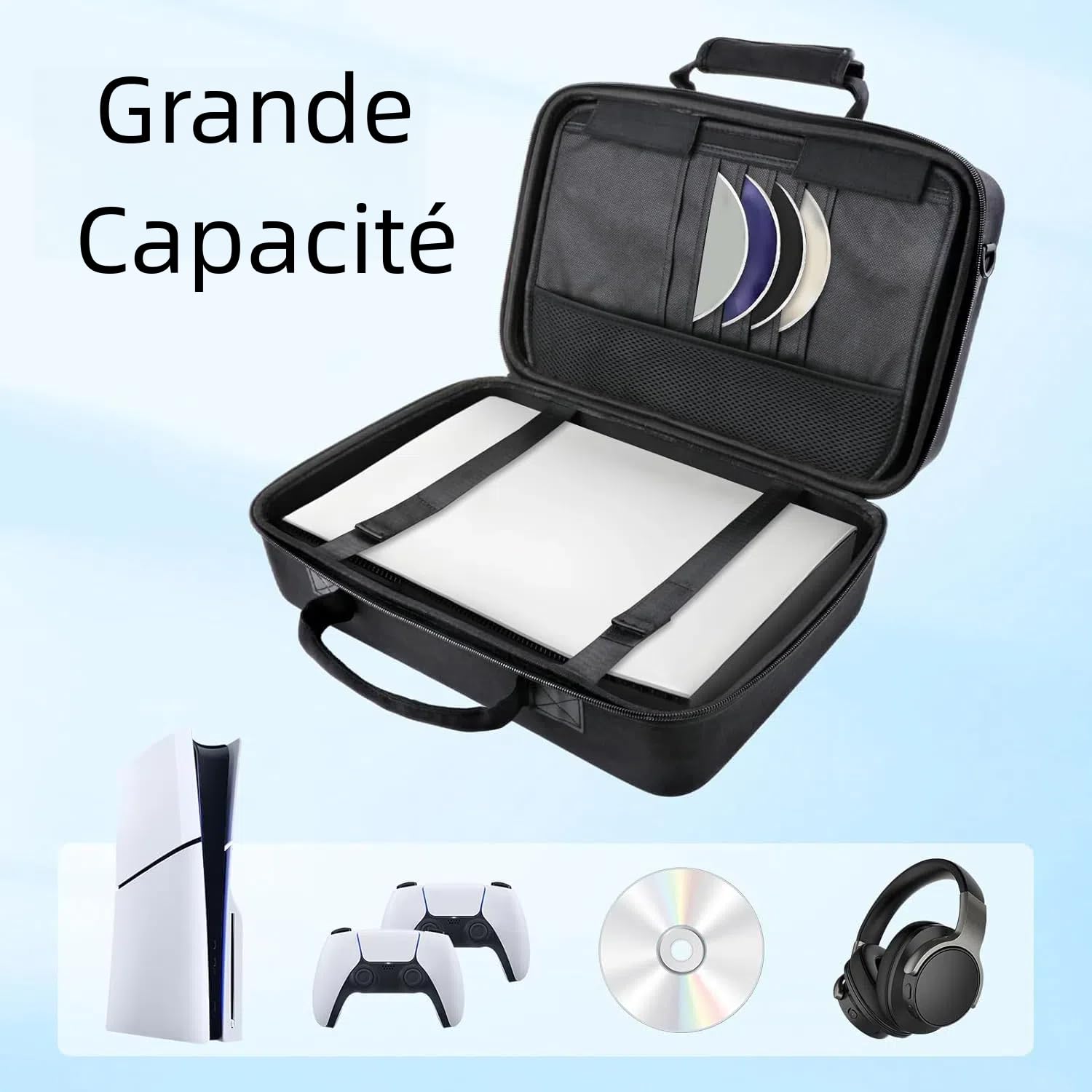 Estuche rígido de transporte para PS5 - Bolsa de viaje delgada compatible con consola PS5, bolsa de almacenamiento para controladores PS5 DualSense, auriculares y accesorios para juegos, negro