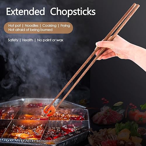 Miniatura 5 de Sbirdbao Palillos largos de madera reutilizables para fideos, freír, cocinar, aptos para lavavajillas, juego de 8 pares, utensilios de cocina marrón