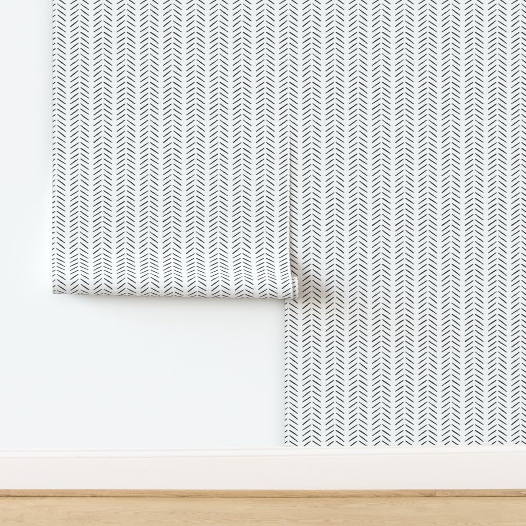 Peel & Stick Wallpaper 3ft x 2ft - Black White Vertical Minimal Chevron Herringbone Ink Custom Removable Wallpaper by Spoonflower