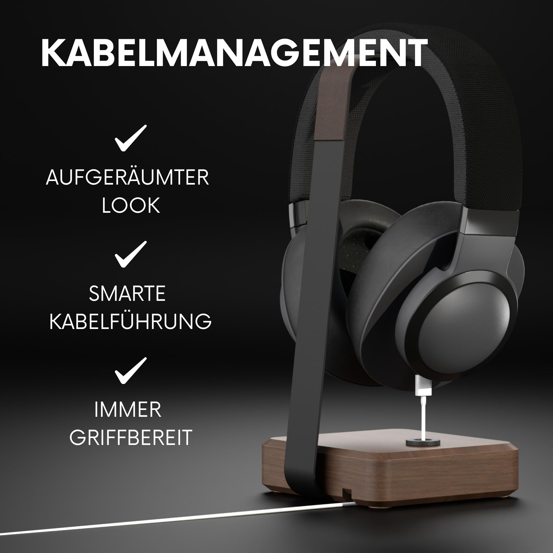 Headset Halterung aus Nussbaumholz – Kopfhörer Halterung mit schwerem Stahlblech & Lederlook Auflage – Kopfhörer Halter Holz mit Kabeldurchführung Schreibtisch Zubehör & Kopfhörer Ständer