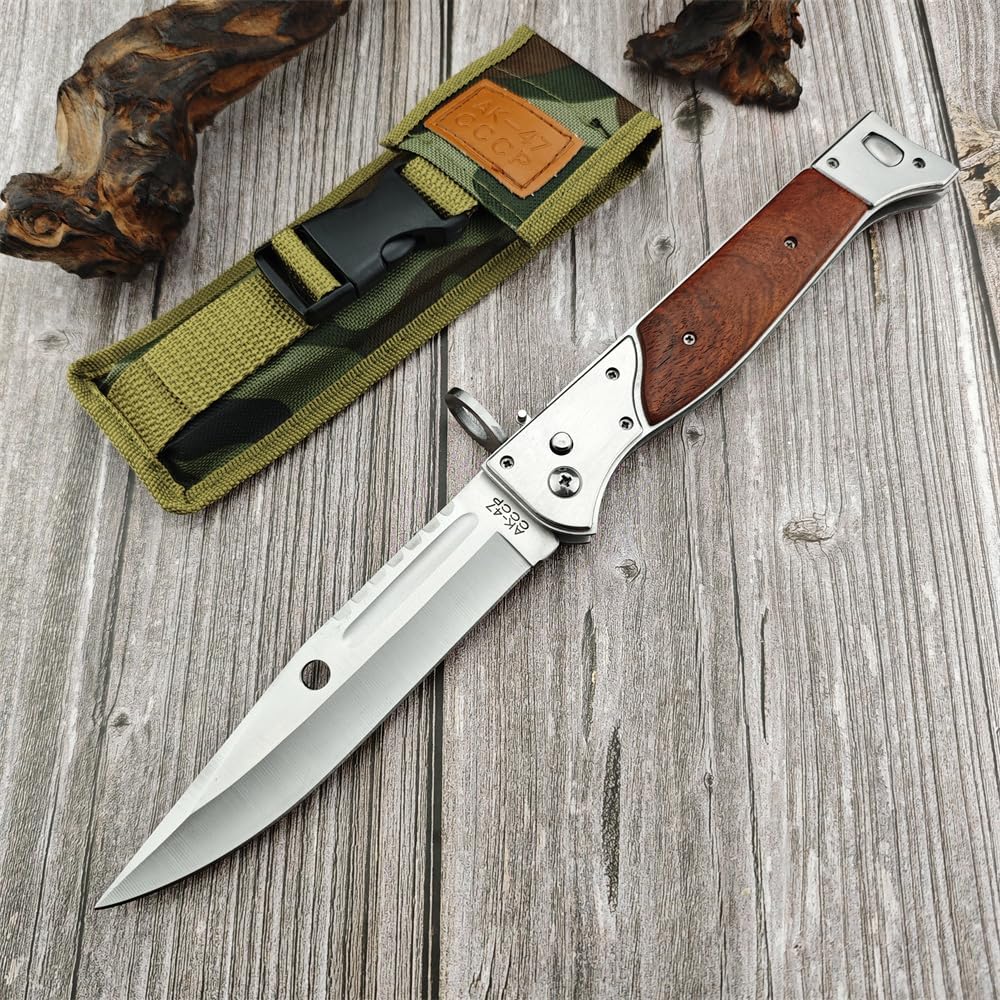 13'' AK 47 CCCP Pocket Knife with Slide Safety Lock，Portable Utility Folding Knives，440C Steel Blade and Wooden Handle，Gifts for Men，EDC Tool for Camping，Fishing，Hiking (Large)