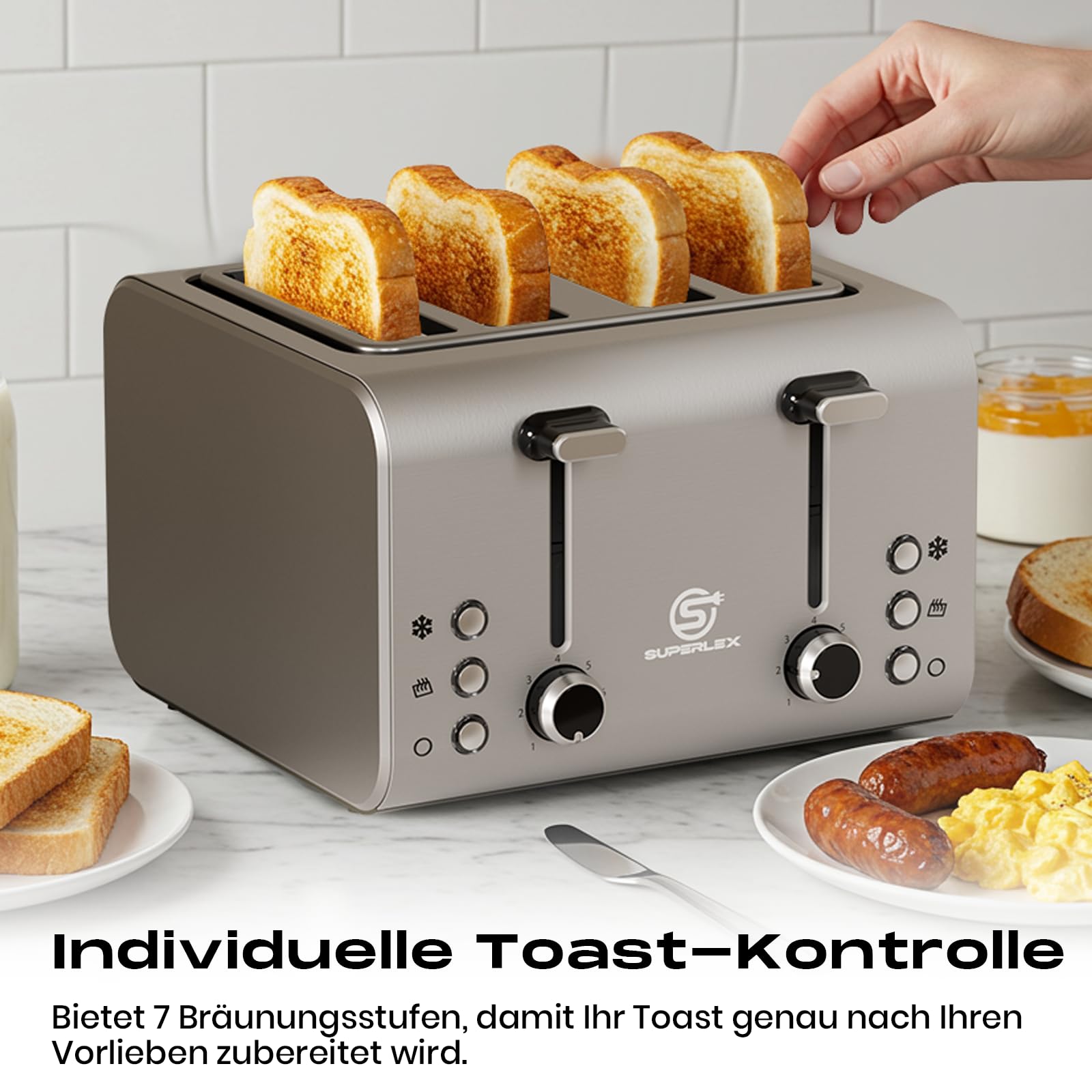 Tostapane a 4 fette con fessura lunga, in acciaio inox, 1600 W, argento, 7 livelli, sistema Dual Control con cassetto briciole, tostapane multifunzionale per scongelare e riscaldare